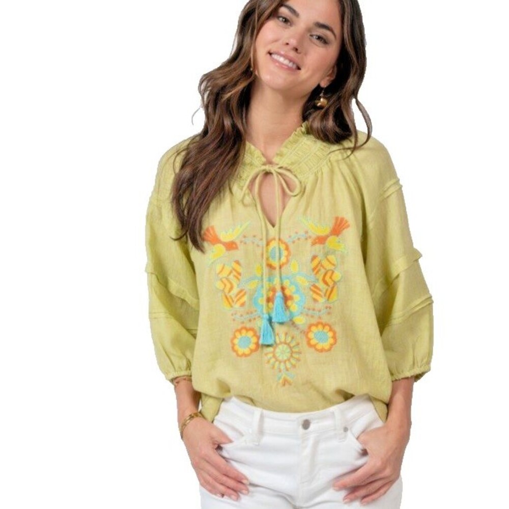 Ivy Jane Blouse Women's Medium Green Embroidered Boho Peasant Top Tassels